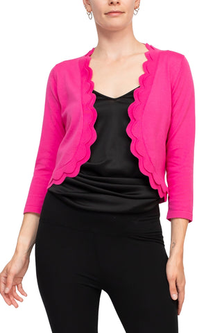 Zac & Rachel 3/4 Sleeve Open Faced Shrug with Tiered Scallop Details - Hot Pink - Front