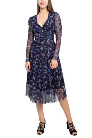 Sage Collective V-Neck Long Sleeve Tie Waist Floral Print Power Mesh Dress - Black Multi - Front