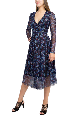 Sage Collective V-Neck Long Sleeve Tie Waist Floral Print Power Mesh Dress - Black Multi - Side