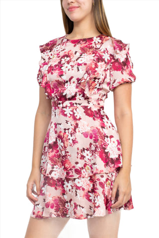 Sage Collective Crew Neck Short Sleeve Banded Waist Tiered Floral Print Satin Dress - Full Bloom - Front