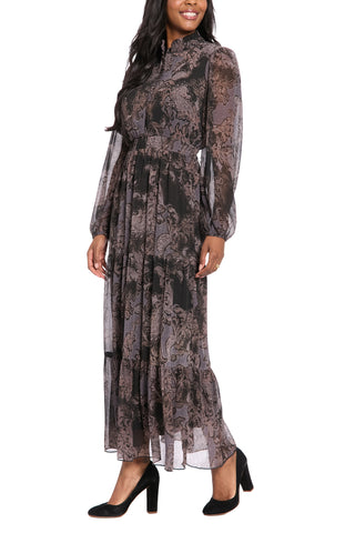 London Times Collared Buttoned Ruffle Neckline Long Bishop Elastic Cuff Sleeves Fit Bodice Smocked Waistband Fit-and-Flare Tiered Maxi Dress