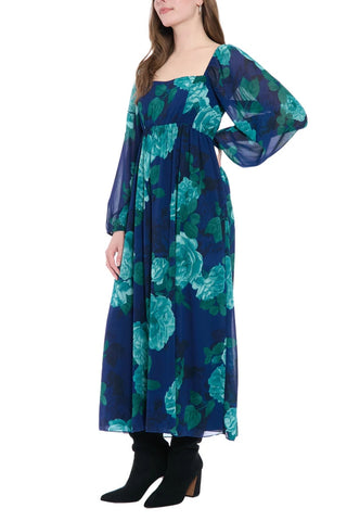 London Times Trudie Floral Print Square Neckline Long Voluminous Puffy Sleeves Elastic Gather Cuffs Smocked Shirred Bodice Flowing Babydoll Maxi Dress