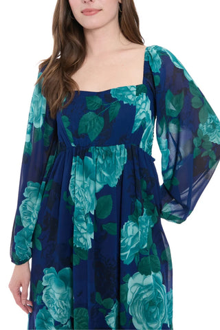 London Times Trudie Floral Print Square Neckline Long Voluminous Puffy Sleeves Elastic Gather Cuffs Smocked Shirred Bodice Flowing Babydoll Maxi Dress