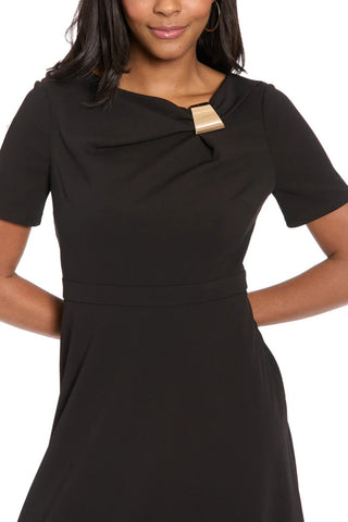 London Times Colleen Drape Asymmetrical Cowl Neckline Gold Metal Detail Short Sleeves Fit-and-Flare Bodice A-Line Dress
