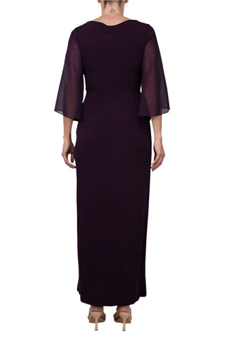 Connected Apparel Asymmetrical Floor Length Chiffon Dress - AUBERGINE - Back 