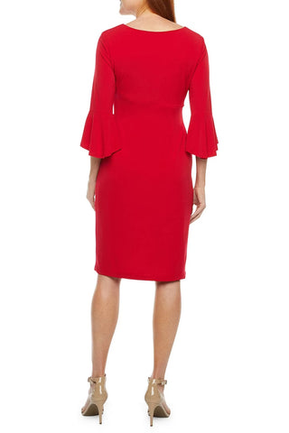 Connected Apparel Scoop Neck Flutter Sleeve Gathered Side Solid Matte Jersey Dress - APPLE RED - Back