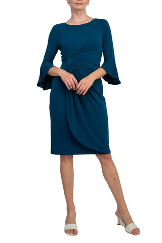 Connected Apparel Scoop Neck Flutter Sleeve Gathered Side Solid Matte Jersey Dress - DEEP TEAL - Front View