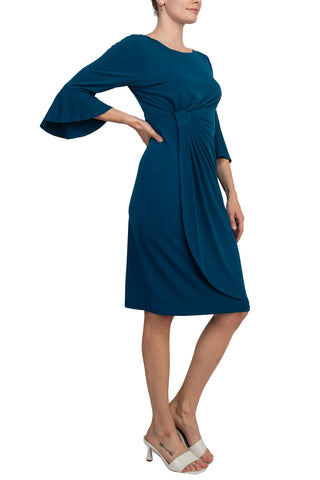 Connected Apparel Scoop Neck Flutter Sleeve Gathered Side Solid Matte Jersey Dress -  DEEP TEAL - Side View