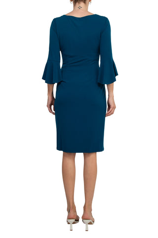 Connected Apparel Scoop Neck Flutter Sleeve Gathered Side Solid Matte Jersey Dress - DEEP TEAL - Back