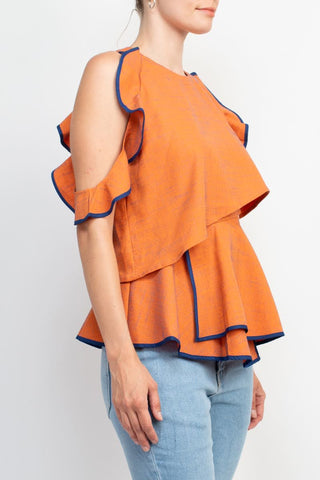 WHY Dress Crew Neck Ruffled Sleeveless Zipper Back Piping Detail Popover Crepe Top