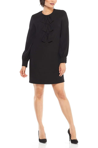 London Times Crew Neck Tie Front Detail Long Sleeve Zipper Back Solid Crepe Dress