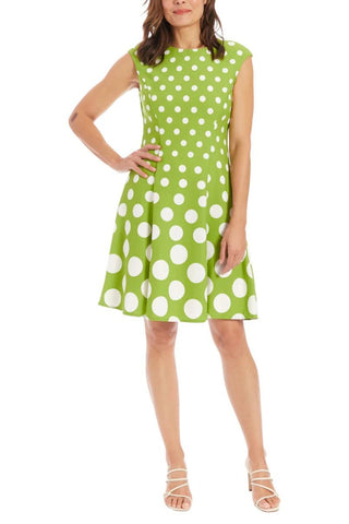 London Times Crew Neck Cap Sleeve Box Pleated Polka Dot Print Jersey Dress | Available at Curated Brands in Los Angeles London Times Crew Neck Cap Sleeve Box Pleated Polka Dot Print Jersey Dress | Available at Curated Brands in Los Angeles