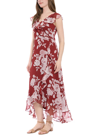 Robe longue en mousseline de soie à col en V et imprimé floral à volants, fermeture éclair dans le dos, London Times