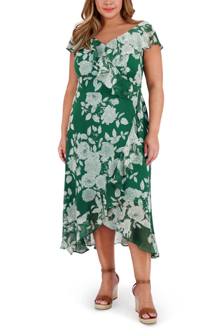 Robe longue en mousseline de soie à col en V et imprimé floral à volants, fermeture éclair dans le dos, London Times