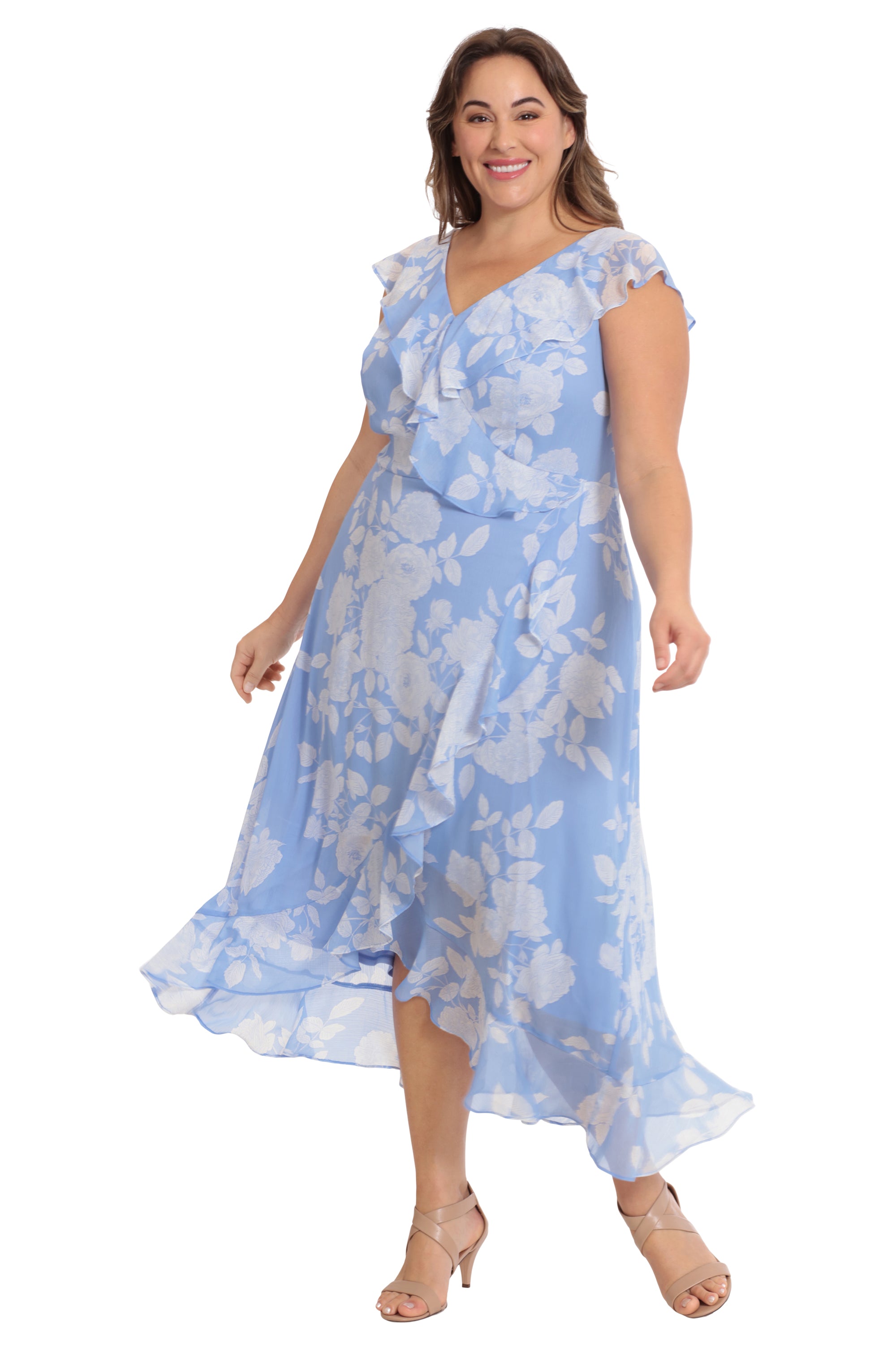 London Times Ruffled Wrap Bodice Short Flutter Sleeve Flowing Maxi Skirt Dress | Available at Curated Brands in Los Angeles London Times Ruffled Wrap Bodice Short Flutter Sleeve Flowing Maxi Skirt Dress | Available at Curated Brands in Los Angeles