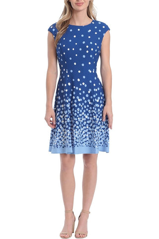 London Times Crew Neck Cap sleeve Zipper Back A-Line Polka Dot Print Scuba Short Dress - BLUE - Front 