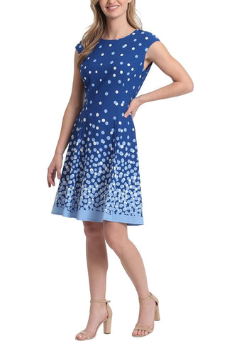 London Times Crew Neck Cap sleeve Zipper Back A-Line Polka Dot Print Scuba Short Dress - BLUE - SIDE