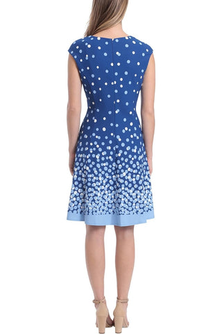 London Times - Crew Neck Cap sleeve Zipper Back A-Line Polka Dot Print Scuba Short Dress - BLUE - BACK 