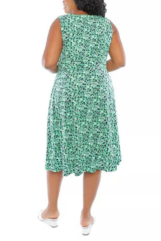 London Times Crew Neck Sleeveless Zipper Back Banded Waist Fit & Flare Dress ( Plus Size ) - Green Ivory -Back