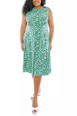 London Times Crew Neck Sleeveless Zipper Back Banded Waist Fit & Flare Dress ( Plus Size ) - Green Ivory -Front