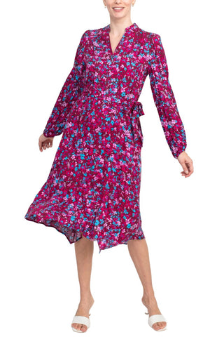 London Times Split Neck Long Sleeve Elastic Cuff Tie Waist Ruched Back Floral Print Rayon Dress