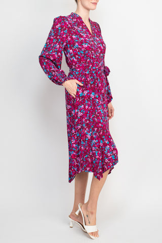 London Times Split Neck Long Sleeve Elastic Cuff Tie Waist Ruched Back Floral Print Rayon Dress