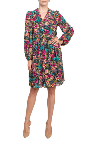 London Times Ruffle V-Neck Elastic Cuff Long Sleeve Floral Print Zipper Back Baby Doll Crepe Dress