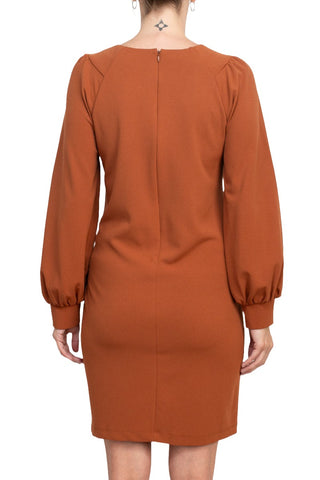 London Times Collared Crew Neck long Sleeve Banded Cuff’s Zipper Back Solid Shift Crepe Dress