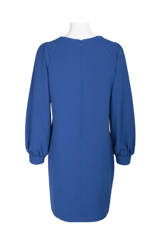 London Times Collared Crew Neck long Sleeve Banded Cuff’s Zipper Back Solid Shift Crepe Dress