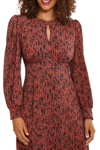 London Times crew neck keyhole front long sleeve A-line multi print matte jersey dress - BROWN BLACK - FABRIC VIEW 