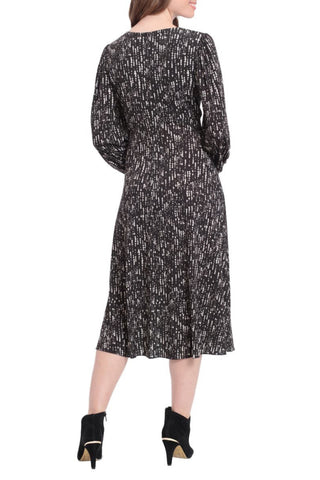 London Times crew neck keyhole front long sleeve A-line multi print matte jersey dress - BLACK COMBO - BACK VIEW 