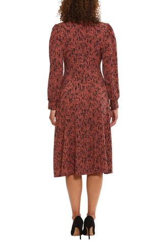 London Times crew neck keyhole front long sleeve A-line multi print matte jersey dress - BROWN BLACK - BACK 