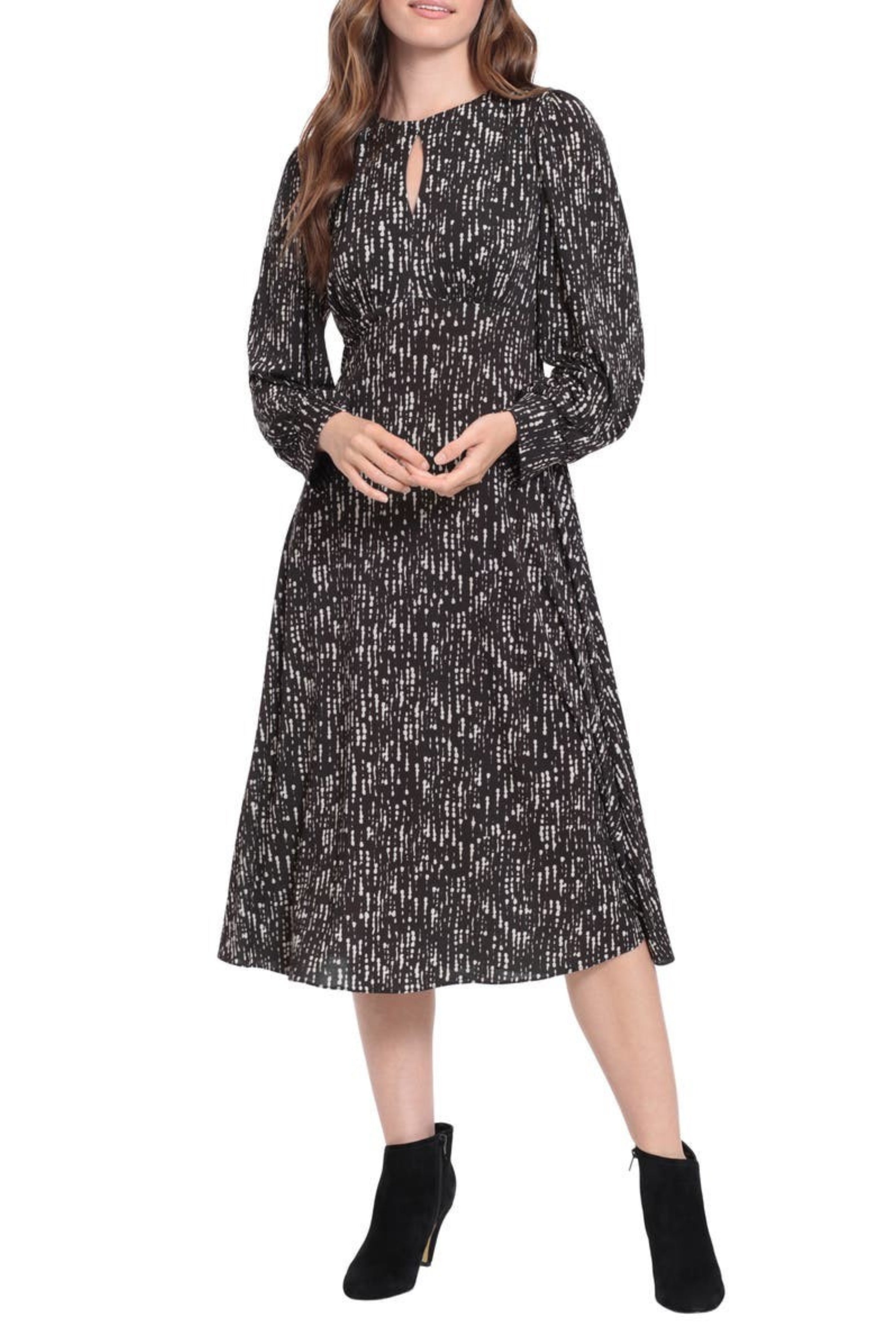 London Times crew neck keyhole front long sleeve A-line multi print matte jersey dress | Available at Curated Brands in Los Angeles London Times crew neck keyhole front long sleeve A-line multi print matte jersey dress | Available at Curated Brands in Los Angeles