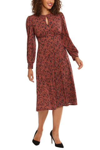 London Times crew neck keyhole front long sleeve A-line multi print matte jersey dress - BROWN BLACK - FRONT 