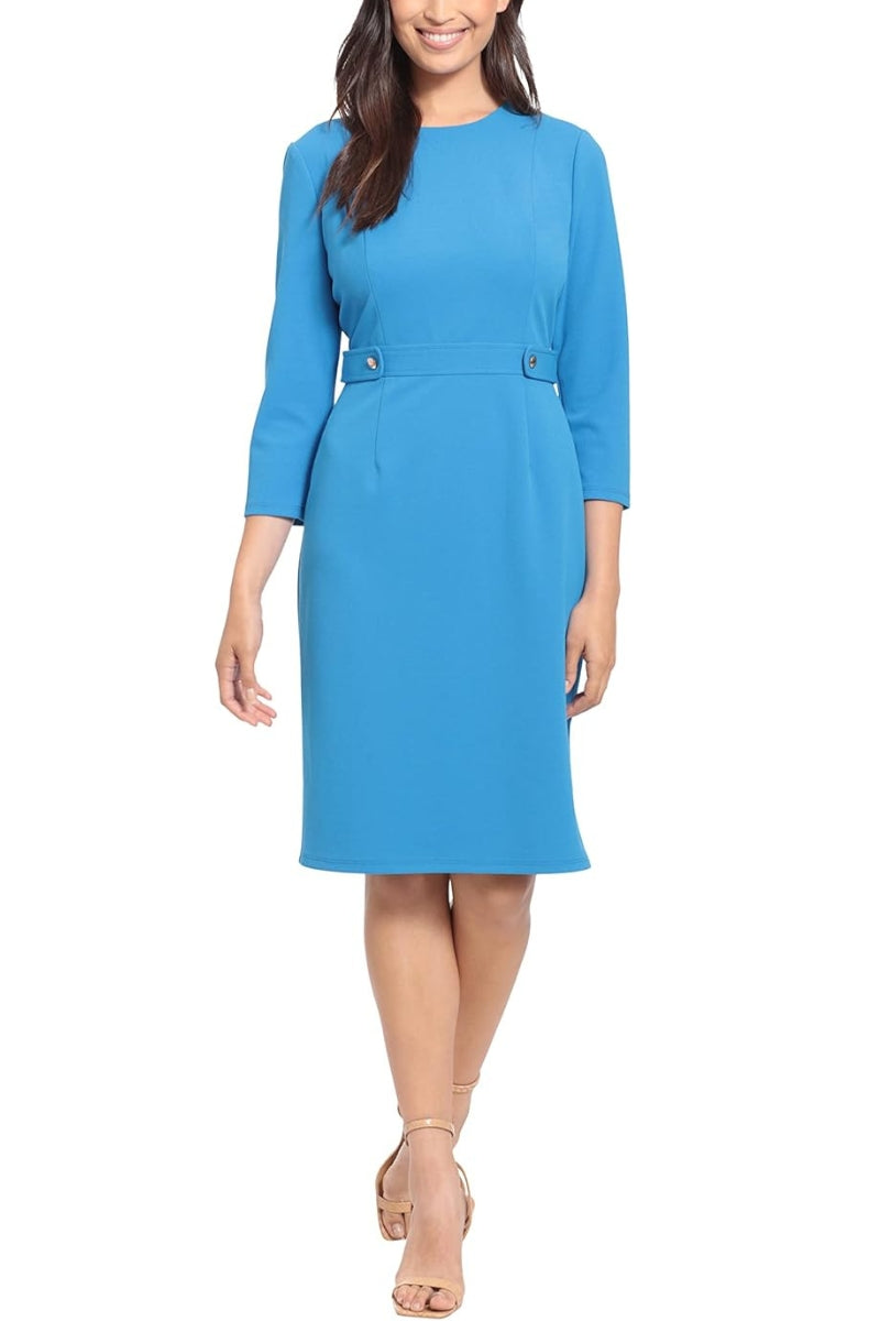 London Times 3/4 Sleeve Seamed Side Tab Fit & Flare Midi Dress | Available at Curated Brands in Los Angeles London Times 3/4 Sleeve Seamed Side Tab Fit & Flare Midi Dress | Available at Curated Brands in Los Angeles