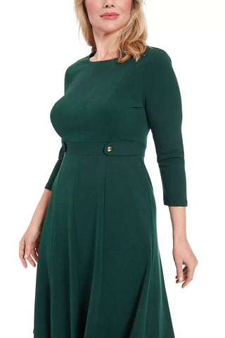 London Times 3/4 Sleeve Seamed Side Tab Fit & Flare Midi Dress - EMERALD - Side view