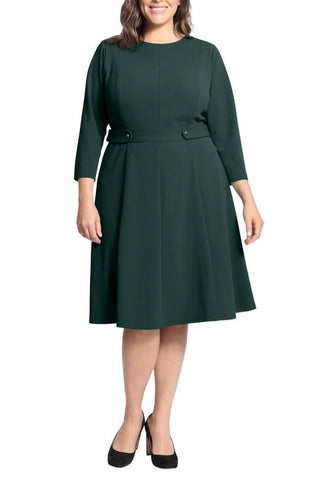 London Times 3/4 Sleeve Seamed Side Tab Fit & Flare Midi Dress - EMERALD - Front 