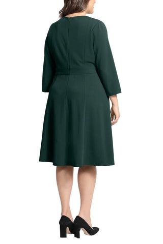 London Times 3/4 Sleeve Seamed Side Tab Fit & Flare Midi Dress - EMERALD - Back 