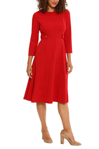 London Times 3/4 Sleeve Seamed Side Tab Fit & Flare Midi Dress - RED - Front