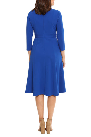 London Times 3/4 Sleeve Seamed Side Tab Fit & Flare Midi Dress - BLUE - Back