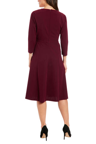 London Times 3/4 Sleeve Seamed Side Tab Fit & Flare Midi Dress - BURGUNDY - Back