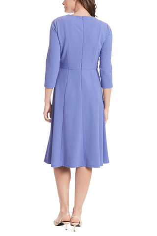 London Times 3/4 Sleeve Seamed Side Tab Fit & Flare Midi Dress - PERIWINKLE - Back