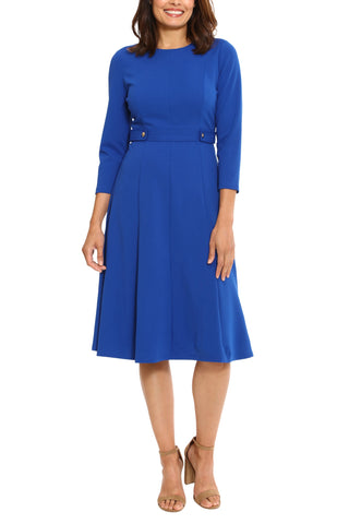 London Times 3/4 Sleeve Seamed Side Tab Fit & Flare Midi Dress - BLUE - Front