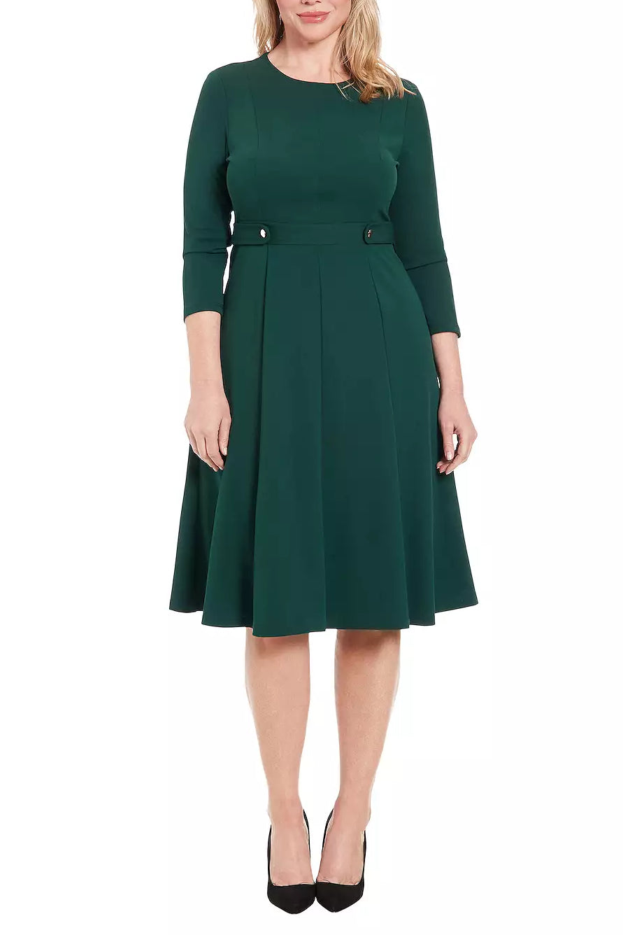 London Times 3/4 Sleeve Seamed Side Tab Fit & Flare Midi Dress | Available at Curated Brands in Los Angeles London Times 3/4 Sleeve Seamed Side Tab Fit & Flare Midi Dress | Available at Curated Brands in Los Angeles