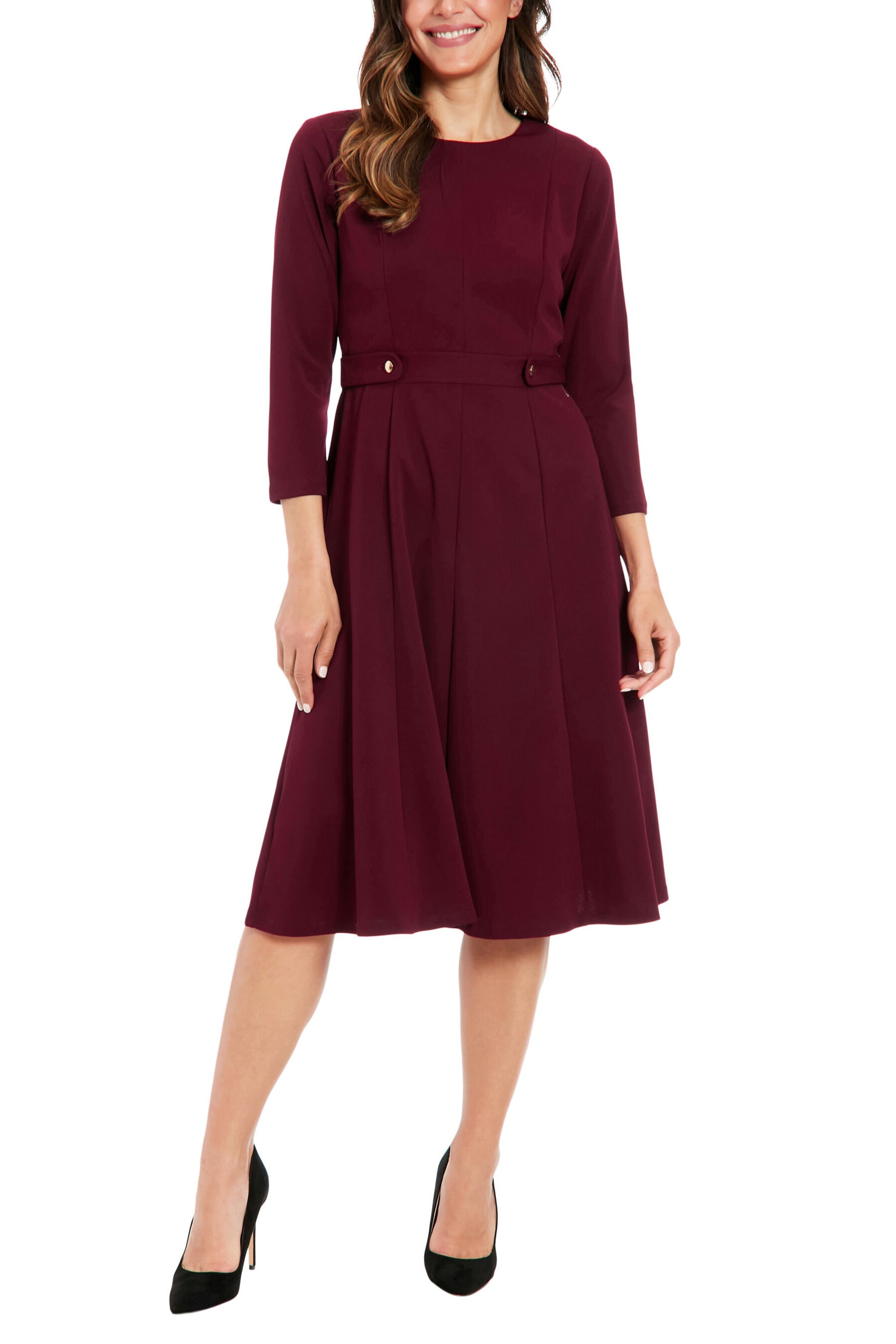London Times 3/4 Sleeve Seamed Side Tab Fit & Flare Midi Dress | Available at Curated Brands in Los Angeles London Times 3/4 Sleeve Seamed Side Tab Fit & Flare Midi Dress | Available at Curated Brands in Los Angeles