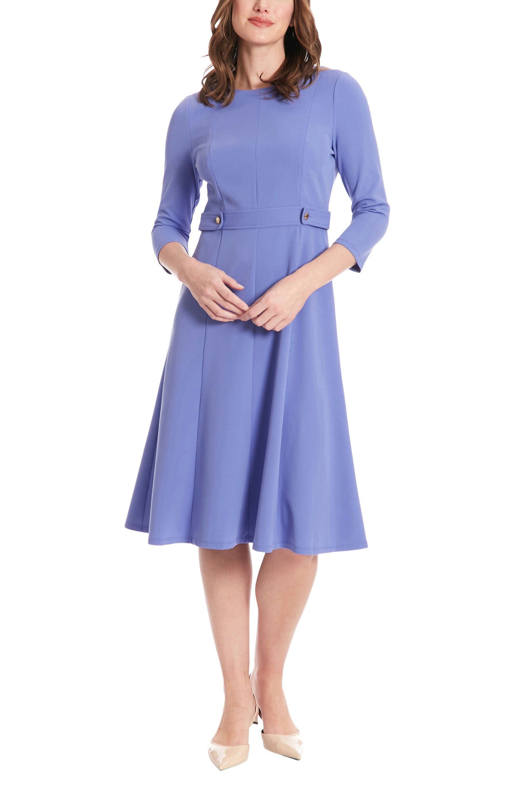 London Times 3/4 Sleeve Seamed Side Tab Fit & Flare Midi Dress | Available at Curated Brands in Los Angeles London Times 3/4 Sleeve Seamed Side Tab Fit & Flare Midi Dress | Available at Curated Brands in Los Angeles
