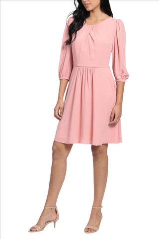 London Times Pleated Scoop Neck Elbow Sleeve Solid Fit & Flare Crepe Dress_Bridal Rose_Front View