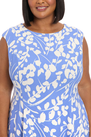 London Times Crew Neck Zipper Back Floral Print Fit & Flare Scuba Dress (Plus Size)