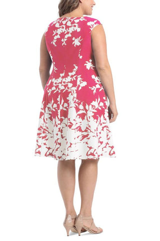 London Times Crew Neck Zipper Back Floral Print Fit & Flare Scuba Dress ( Plus Size ) - FUSCHIA - Back 