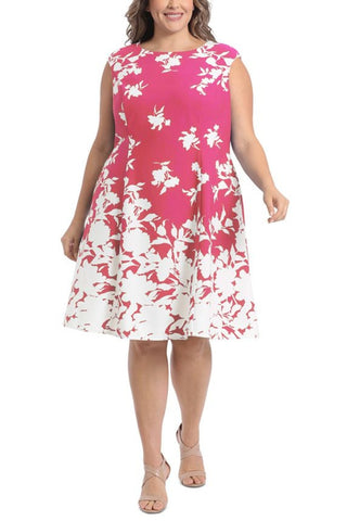 London Times Crew Neck Zipper Back Floral Print Fit & Flare Scuba Dress ( Plus Size ) - FUSCHIA - Front 